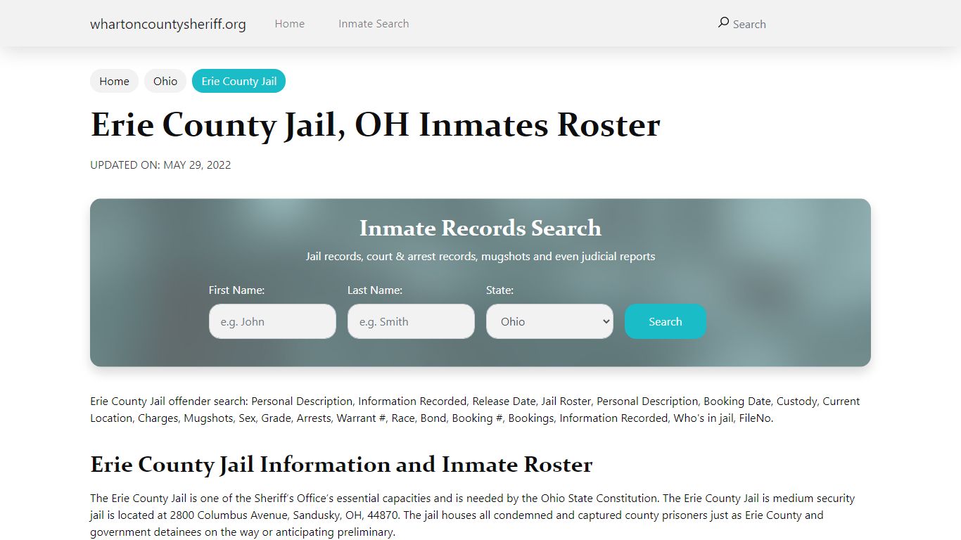 Erie County Jail, OH Jail Roster, Name Search